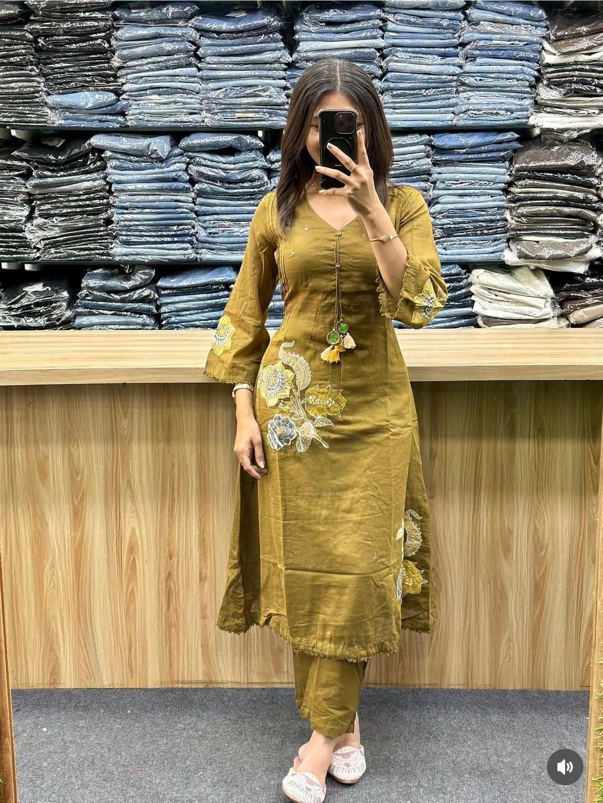 Green Embroidered Cotton Kurti Palazzo Dupatta Set